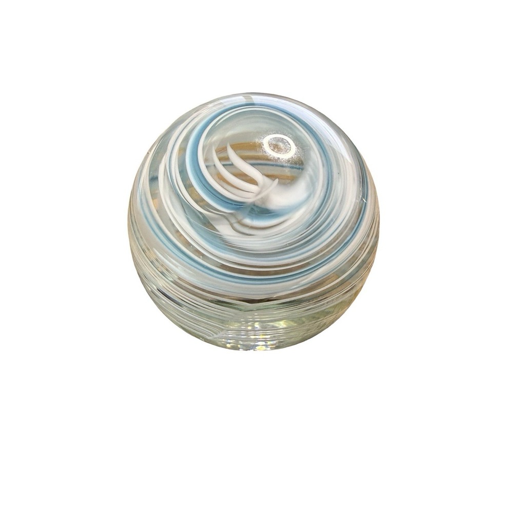 Vintage Paperweight Joe Rice Marked Blue & White Swirl Art Glass‎